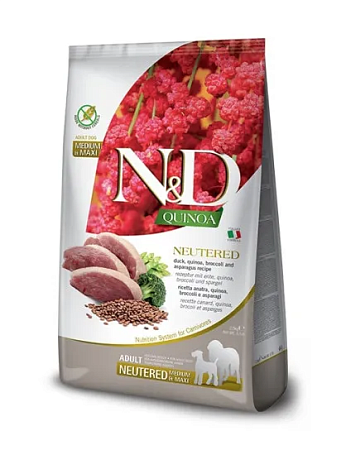 Купить farmina n&d quinoa dog neutered medium&maxi сухой беззерновой корм для стерилизованных собак средних и крупных пород с уткой, киноа, брокколи и спаржей