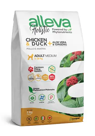 Купить alleva holistic dog сухой корм для взрослых собак средних пород с курицей и уткой, алое вера и женьшенем