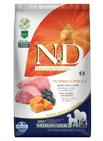 Купить farmina n&d pumpkin dog grain free lamb & blueberry adult medium & maxi сухой беззерновой корм для взрослых собак средних и крупных пород с ягненком, черникой и тыквой