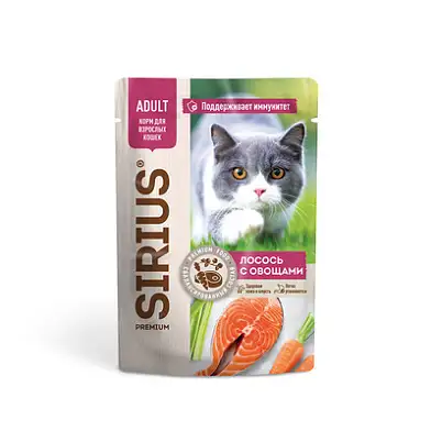 Sirius влажный корм для кошек, кусочки в соусе, лосось с овощами (пауч)