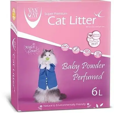 Van Cat комкующийся наполнитель для кошек с ароматом детской присыпки, коробка
