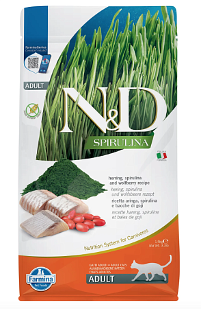 Купить farmina n&d cat spirulina herring & wolfberry adult сухой корм для взрослых кошек, с сельдью и ягодами годжи