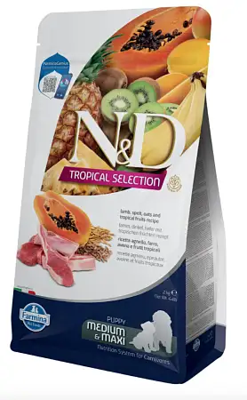 Купить farmina n&d dog tropical selection lamb puppy medium&maxi сухой корм для щенков средних и крупных пород, с ягненком