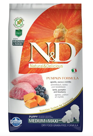 Купить farmina n&d pumpkin dog grain free lamb & blueberry puppy medium & maxi сухой беззерновой корм для щенков средних и крупных пород с ягненком, черникой и тыквой