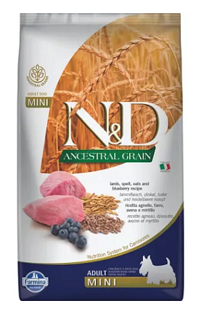Купить farmina n&d ancestral grain dog lamb blueberry adult mini сухой низкозерновой корм для взрослых собак мелких пород с ягненком и черникой