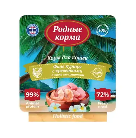 Купить Родные Корма Морская серия влажный корм для взрослых кошек, филе курицы с креветками в желе по-азиатски, в ламистерах