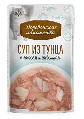Деревенские лакомства набор паучей для кошек Суп из тунца с лососем и гребешком 4х35