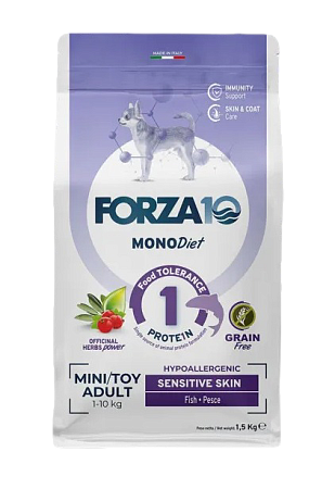 Купить forza10 monodiet sensitive skin mini&toy adult сухой беззерновой, гипоаллергенный корм для взрослых собак мелких пород с чувствительной кожей и шерстью, с рыбой