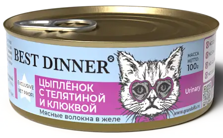 Купить best dinner exclusive vet profi urinary консервы для кастрированных кошек профилактика МКБ с цыпленком, телятиной и клюквой