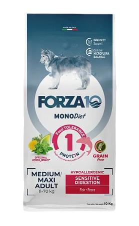 Купить forza10 monodiet sensitive digestion medium & large adult сухой беззерновой, гипоаллергенный корм для взрослых собак средних и крупных пород с чувствительным пищеварением, с рыбой