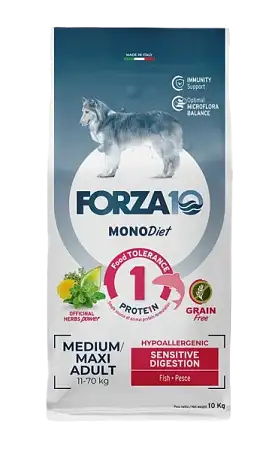 Купить forza10 monodiet sensitive digestion medium & large adult сухой беззерновой, гипоаллергенный корм для взрослых собак средних и крупных пород с чувствительным пищеварением, с рыбой