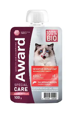 Award SPECIAL CARE Sensitive skin&coat влажный корм для взрослых кошек для здоровья кожи и шерсти «мясное пюре» из курицы с лососем (пауч)