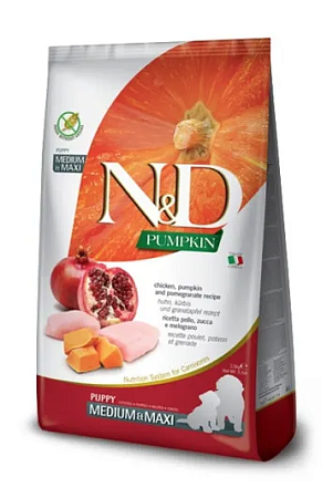 Купить farmina n&d pumpkin dog chicken & pomegranate puppy medium & maxi сухой беззерновой корм для щенков средних и крупных пород с курицей, гранатом и тыквой