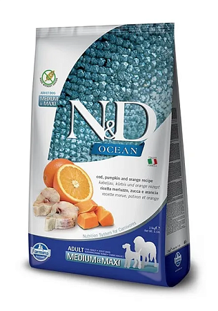 Купить farmina n&d ocean dog codfish, pumpkin & orange adult medium & maxi сухой беззерновой корм для взрослых собак средних и крупных пород с треской, тыквой и апельсином