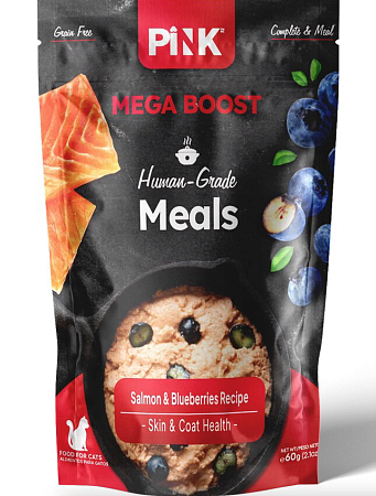 Купить pink mega boost skin & coat health влажный корм для кошек, здоровая кожа и шерсть, Лосось с черникой, паштет (пауч)