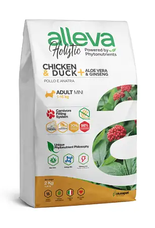 Купить alleva holistic dog сухой корм для взрослых собак мелких пород с курицей и уткой, алое вера и женьшенем