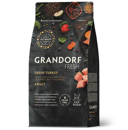 Купить grandorf fresh сухой беззерновой корм взрослых кошек с живыми пробиотиками, индейка и батат