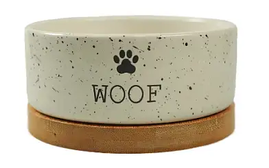 Mr.Kranch Bamboo WOOF миска керамическая на бамбуковой подставке для собак и кошек, белая