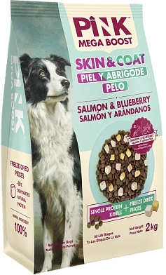 Pink MEGA BOOST "Skin & Coat" сухой корм для собак всех возрастов, для здоровой кожи и шерсти, Лосось с черникой, 2 гранулы