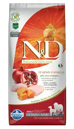 Купить farmina n&d pumpkin dog grain free chicken & pomegranate adult medium & maxi сухой беззерновой корм для взрослых собак средних и крупных пород с курицей, гранатом и тыквой