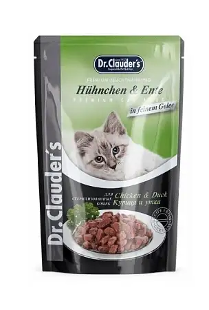 Купить dr. clauder's влажный корм для стерилизованных кошек, с курицей и уткой, кусочки в желе (пауч)