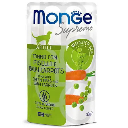 Купить monge supreme adult влажный корм для взрослых кошек  с тунцом, зелёным горошком и мини-морковью (пауч)