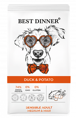 Best Dinner сухой корм для взрослых собак средних и крупных пород склонных к аллергии и проблемам с пищеварением с уткой и картофелем